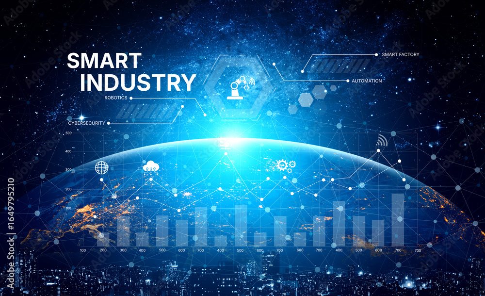 Poster smart industry dashboard combining automation, robotics, cloud integration, cybersecurity, and data 