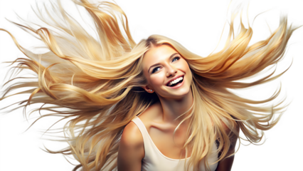 Beautiful blonde woman with long flowing hair isolated on transparent background