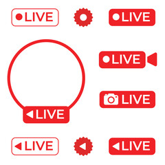 Red live streaming icons set with play, camera, and video symbols for broadcast and recording