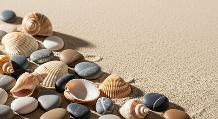 Seashells and Pebbles on Sand at Beach Shoreline