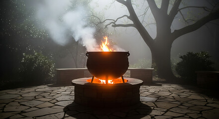 A cauldron with flames in a foggy outdoor setting with a large tree and stone patio at night ai generated