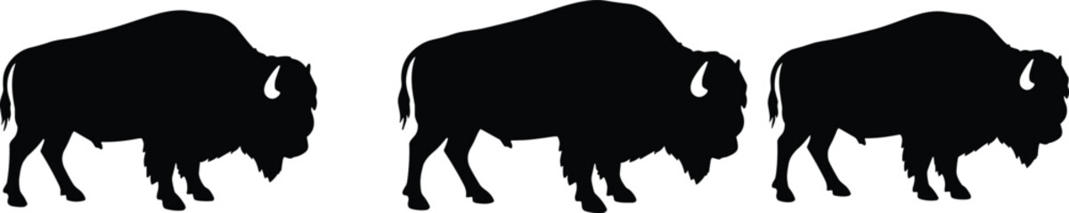 Bison silhouettes collection, American buffalo vector icons, wild animal shapes, black wildlife illustrations, prairie creature clipart for nature and design