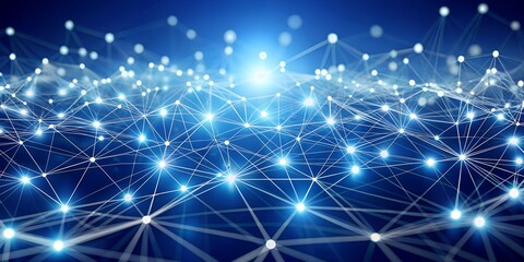 An intricate digital network of glowing nodes and connections, representing the interconnectedness of technology, data, and global communication in a futuristic concept