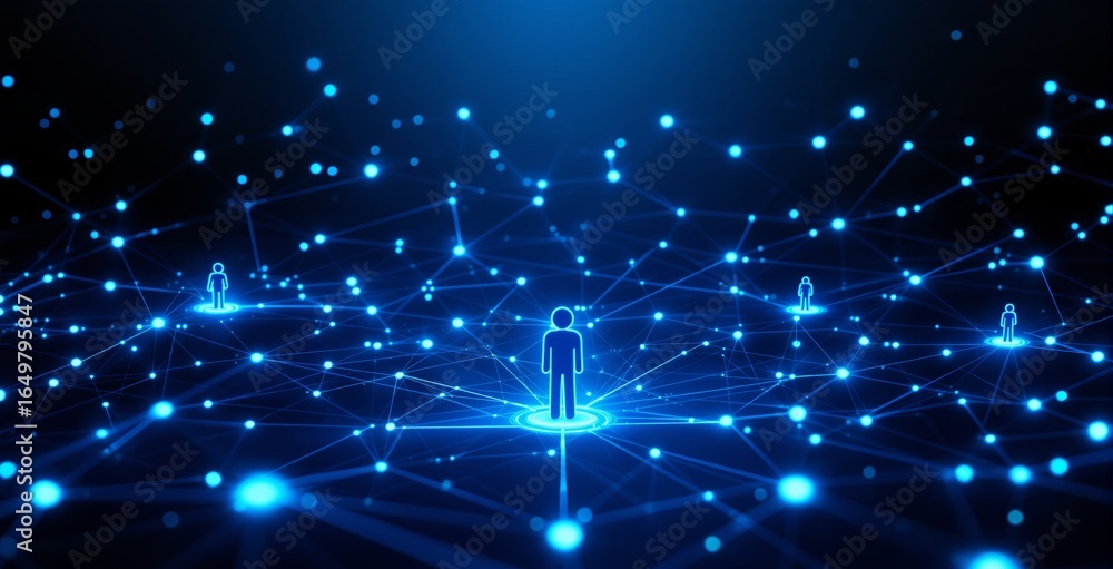 Poster digital network of human icons connected by glowing blue lines and dots in futuristic cyberspace con