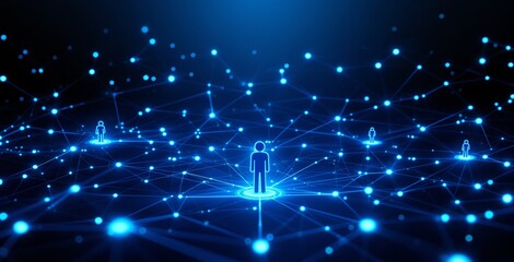 Digital network of human icons connected by glowing blue lines and dots in futuristic cyberspace concept on dark background. Ai generative. Ai generative