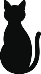 Black cat silhouette, minimalist feline shape, sitting cat profile, curved tail, pet icon, animal graphic, isolated vector, simple design