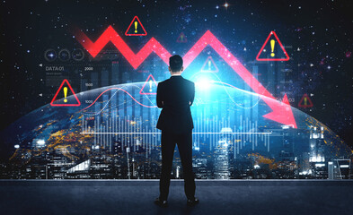 Economic caution visualized with fluctuating market graph, alert symbols, and negative data trends....