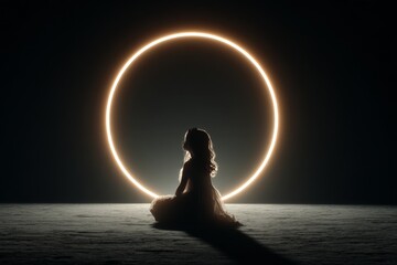 Child silhouette observing a glowing golden light circle in a dark abstract space