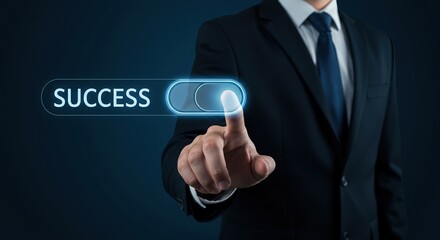 Obraz premium Businessman's hand activating a glowing virtual switch with the word success. A concept for achieving business goals and enabling growth.