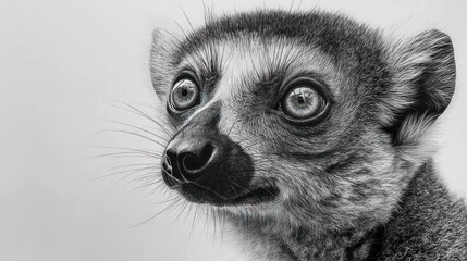 Fototapeta premium Black and white portrait of a lemur with large, expressive eyes looking upward to the right