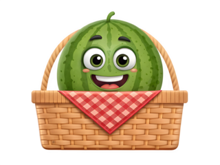 Happy cartoon watermelon in a picnic basket isolated on transparent background