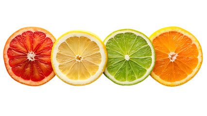 Colorful citrus fruit slices including orange, lemon, lime, and grapefruit isolated on transparent background