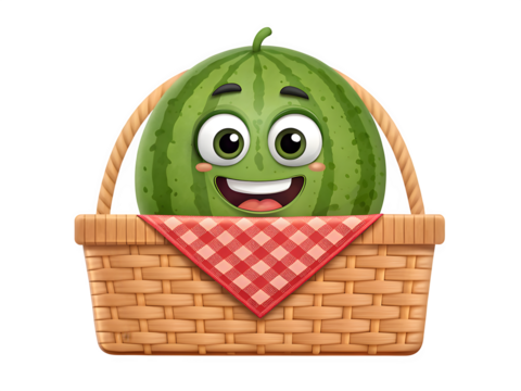 Happy cartoon watermelon in a picnic basket isolated on transparent background - Powered by Adobe