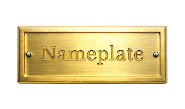 Golden Nameplate Sign with Embossed Text on Transparent Background