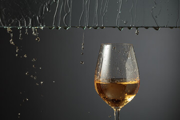 White wine flows down into a glass.