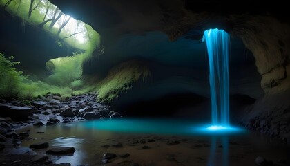 Enchanting cave waterfall scene with a glowing turquoise pool of water