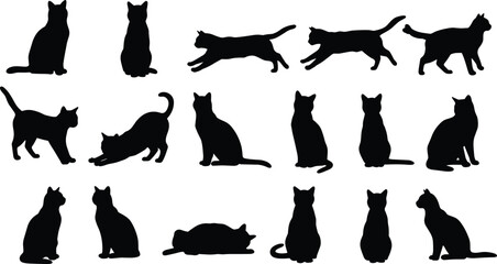 Cat silhouette vector set, pet animal clipart, sitting and walking cats, black cat poses, feline design, editable collection