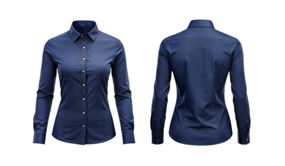 Blue Womens Shirt Front and Back View on Transparent Background
