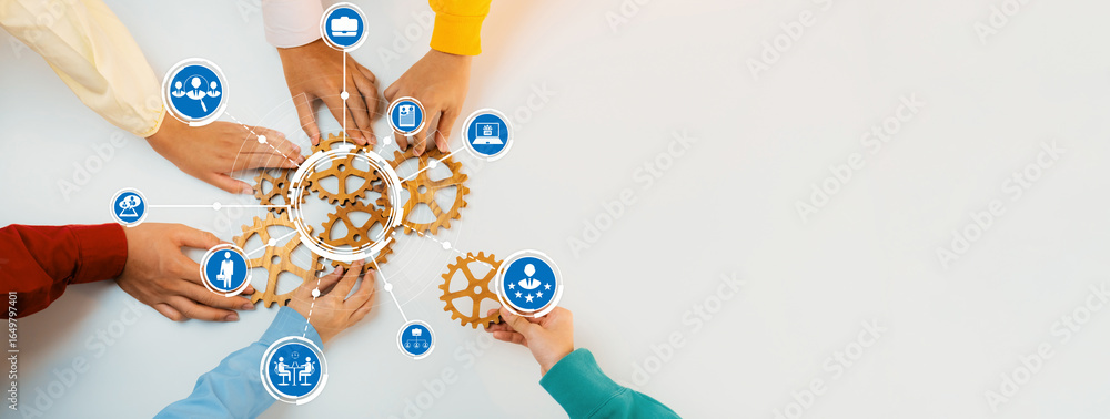 Poster collaborative team effort with hands interacting around gears for business innovation and strategy d