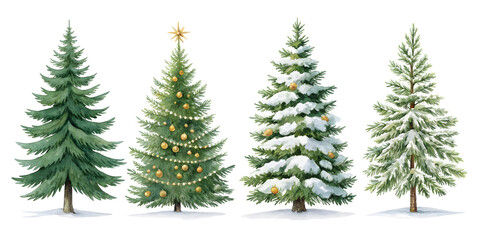 Watercolor painting of four diverse Christmas trees including one decorated with gold ornaments and a star