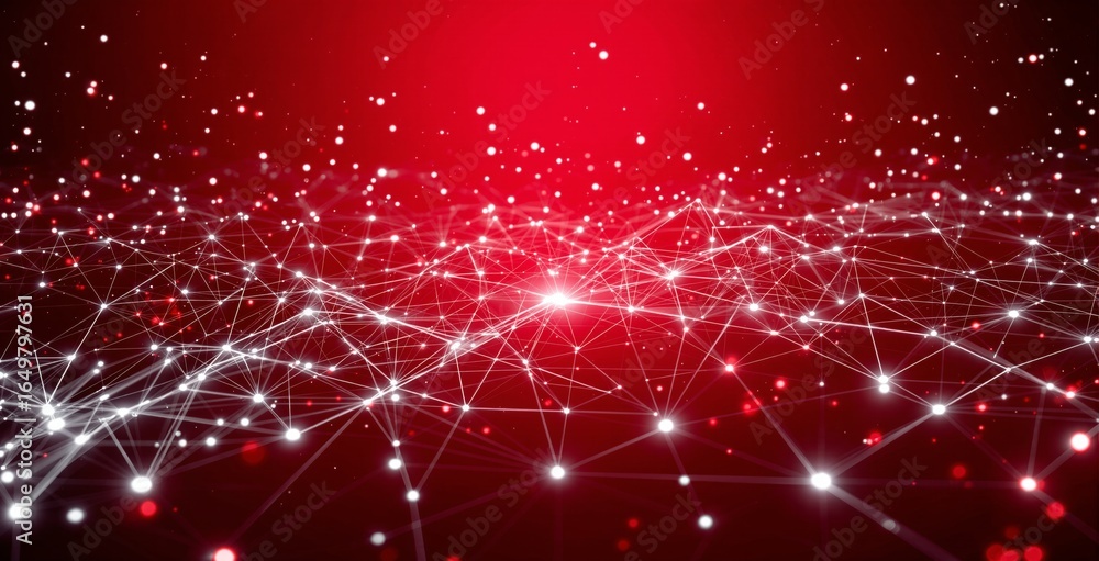 Poster glowing digital connections with white nodes and lines forming a network mesh on a vibrant red backg