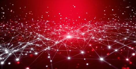 Glowing digital connections with white nodes and lines forming a network mesh on a vibrant red background, representing futuristic data flow concept. Ai generative