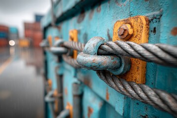 Close up of weathered wire rope and shackle on a rusty shipping container