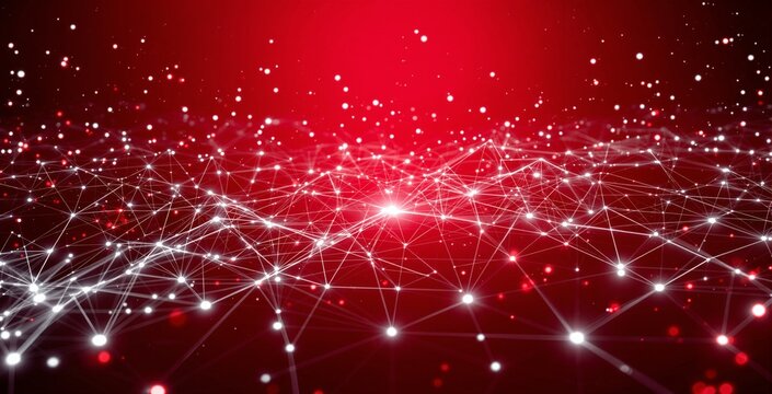 Glowing digital connections with white nodes and lines forming a network mesh on a vibrant red background, representing futuristic data flow concept. Ai generative - Powered by Adobe