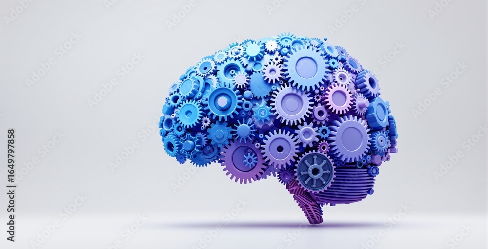Poster abstract mechanical brain made of colorful blue and purple gears illustrating artificial intelligenc