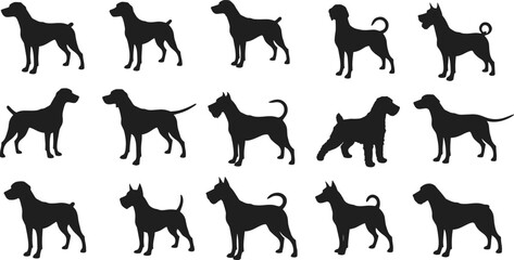 Collection of dog silhouettes in standing poses, pet animal vector set, black dog clipart, canine breed illustration pack