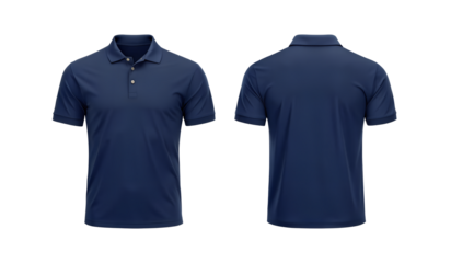 Navy blue polo shirt front and back mockup on transparent background