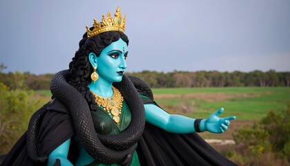 Blue deity with snake, crown, and jewelry