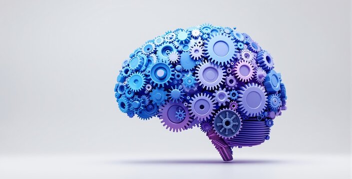 Abstract mechanical brain made of colorful blue and purple gears illustrating artificial intelligence and machine learning concept on white background. Ai generative