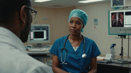 A female surgeon within blue scrubs and the surgical cap listens attentively to a colleague during a hospital consultation, featuring medical monitors and X-ray images in the background