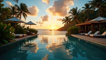 Obraz premium Tranquil infinity pool overlooking a tropical sunset.
