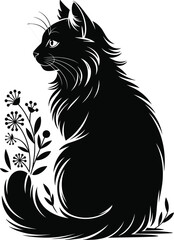 Elegant black cat silhouette with long fur sitting beside flowers, floral design, nature pet vector illustration, calm feline artwork