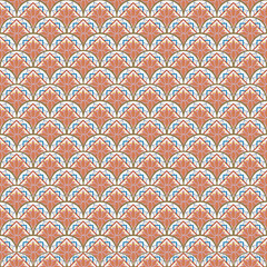 Vintage geometric lotus fan design with warm terracotta tones and soft blue accents. Perfect for textile prints, surface pattern projects, gift wraps, and retro-inspired wallpapers.