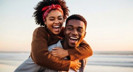 Joyful Piggyback Ride: Laughing Couple on Beach at Sunset, Embracing Happiness