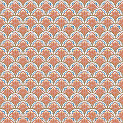 Vintage geometric lotus fan design with warm terracotta tones and soft blue accents. Perfect for textile prints, surface pattern projects, gift wraps, and retro-inspired wallpapers.