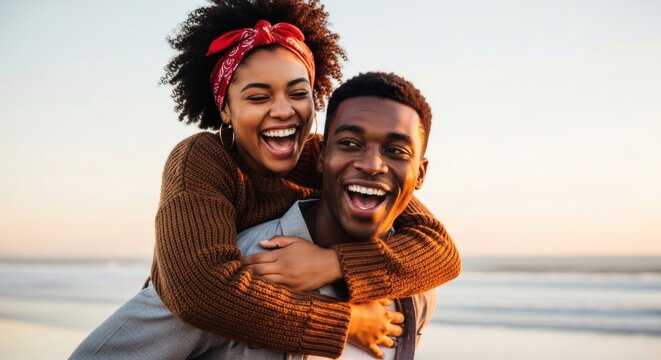 Joyful Piggyback Ride: Laughing Couple on Beach at Sunset, Embracing Happiness - Powered by Adobe