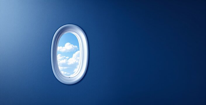 Oval aircraft-style window frame on blue wall showing bright cloudy sky outside, minimal surreal travel dream concept design on blue background. Ai generative