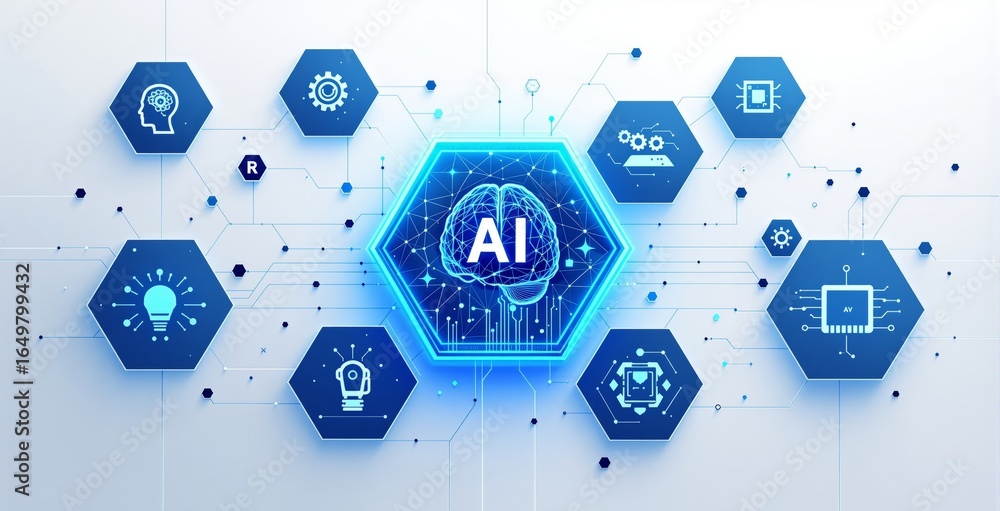 Poster futuristic ai technology concept with digital brain and innovation icons on blue hexagons connected 