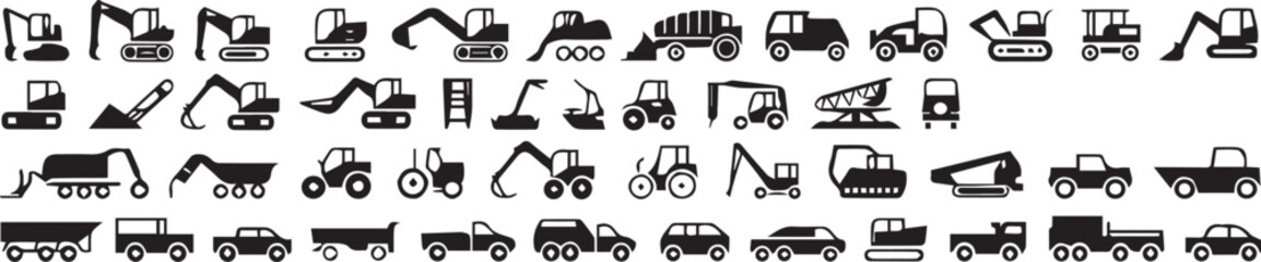 Construction and heavy machinery icon set featuring excavators, trucks, cranes, loaders, tractors, cement mixers, bulldozers, and utility vehicles