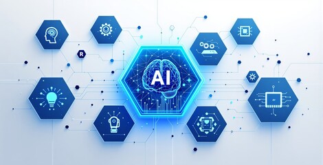 Futuristic AI technology concept with digital brain and innovation icons on blue hexagons connected across high-tech network background. Ai generative