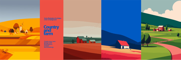 Country and farm vector illustrations with fields, barns, windmills, and rural landscapes. Colorful minimal style perfect for agriculture, countryside, and nature-themed designs.
