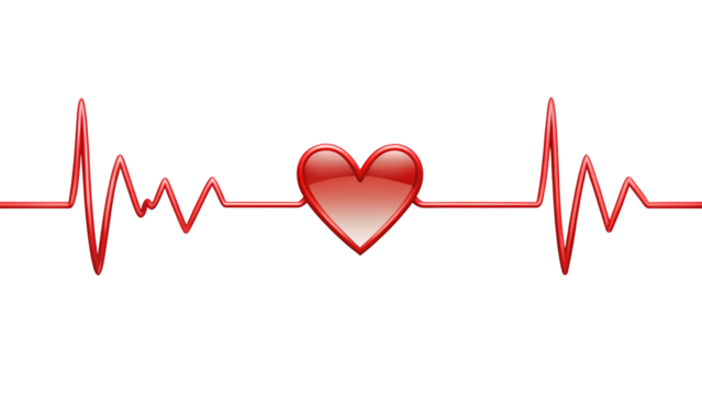 Red Heartbeat Pulse with Heart Symbol on Transparent Background