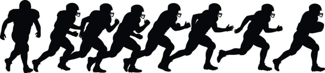 Football player running silhouette, dynamic motion sequence, athlete sprinting with helmet, sports action pose, American football vector illustration, CAD style