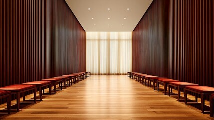 Fototapeta premium Modern interior featuring wooden walls and benches, illuminated by natural light, Ideal for showcasing minimalist design, interior decor, or architectural spaces,