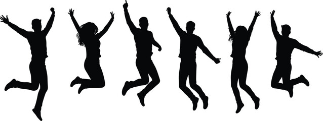 Group of people jumping silhouettes, celebrating joy, success, and freedom, vector illustration for happiness, motivation, and energetic lifestyle designs