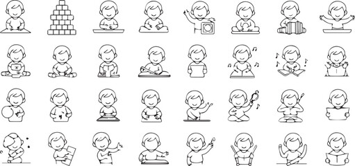 Black outline icons of office stationery, writing tools, paper supplies, desk accessories, and organizational equipment for business and study use